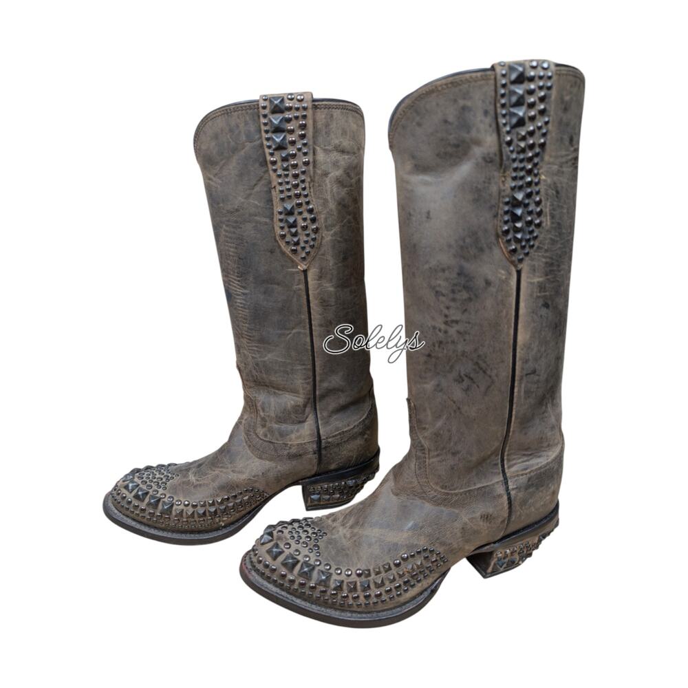 Lucchese RARE Mad Dog Wingtip Studded Grey Distressed Western Cowgirl Boots 7.5B - Picture 4 of 11
